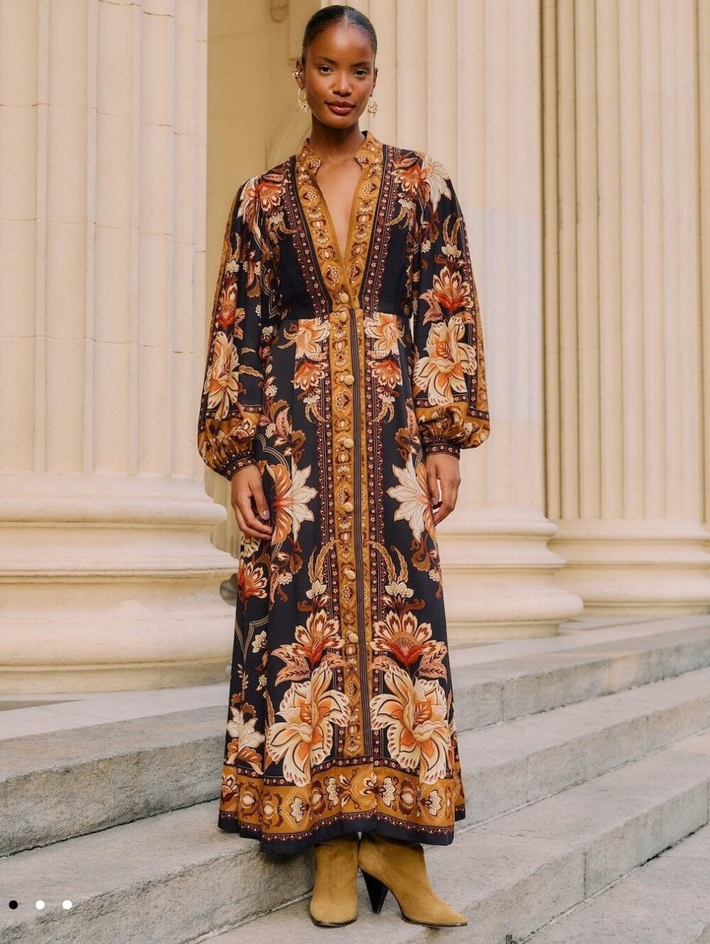 Farm Rio Black Majestic Garden Buttoned Puff Sleeve Maxi Dress